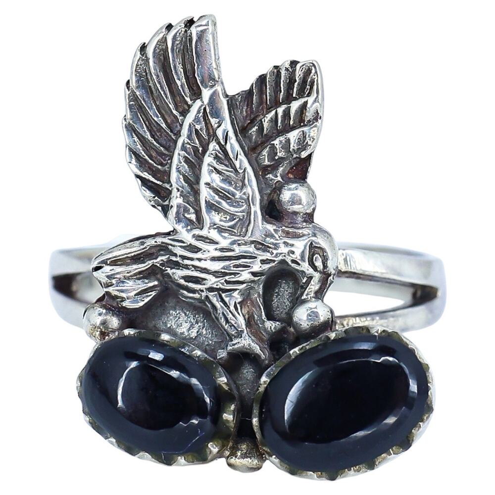 Vintage Southwestern Artisan Sterling Silver Onyx Eagle Ring Size 7.5